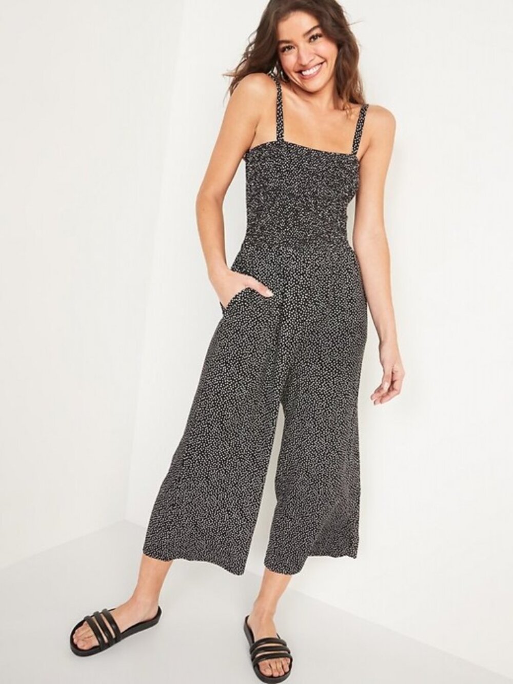 Old Navy Smocked Jersey Cami Jumpsuit Black With White Dots L